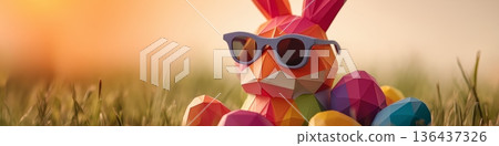 Colorful geometric bunny wearing sunglasses holding easter eggs. Colorful geometric bunny wearing sunglasses and holding Easter eggs in a minimalist meadow scene 136437326