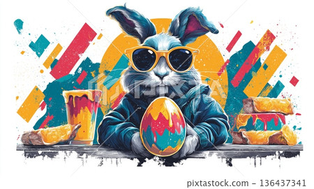 Cool cartoon rabbit wearing sunglasses holding Easter egg poster. Cartoon rabbit wearing sunglasses holding a colorful graffiti-painted Easter egg with traditional food 136437341