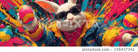 Cool Easter bunny wearing sunglasses holding decorated egg. Easter poster. Anthropomorphic bunny wearing colorful jacket, surrounded by paint splatters and festive eggs Cool Easter bunny wearing sunglasses holding decorated egg. Easter poster. Anthropomorphic bunny wearing colorful jacket, surrounded by paint splatters and festive eggs 136437342