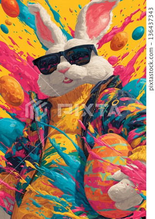 Cool Easter bunny wearing sunglasses holding decorated egg. Easter poster. Anthropomorphic bunny wearing colorful jacket, surrounded by paint splatters and festive eggs Cool Easter bunny wearing sunglasses holding decorated egg. Easter poster. Anthropomorphic bunny wearing colorful jacket, surrounded by paint splatters and festive eggs 136437343