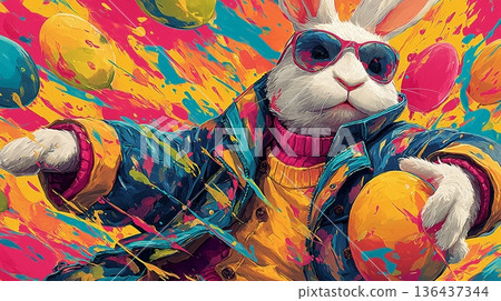 Cool Easter bunny wearing sunglasses holding decorated egg. Easter poster. Anthropomorphic bunny wearing colorful jacket, surrounded by paint splatters and festive eggs Cool Easter bunny wearing sunglasses holding decorated egg. Easter poster. Anthropomorphic bunny wearing colorful jacket, surrounded by paint splatters and festive eggs 136437344