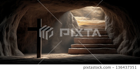 Cross on stairs leading from dark cave into light.  Easter poster. Stone cross standing on steps inside a dark cave opening with bright light 136437351