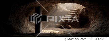 Cross on stairs leading from dark cave into light.  Easter poster. Stone cross standing on steps inside a dark cave opening with bright light 136437352