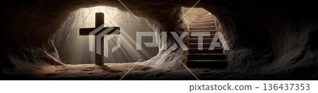 Cross on stairs leading from dark cave into light.  Easter poster. Stone cross standing on steps inside a dark cave opening with bright light 136437353