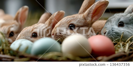 Cute baby bunnies gathering around pastel Easter eggs. Baby bunnies peeking from behind a nest filled with colorful Easter eggs, celebrating spring 136437356