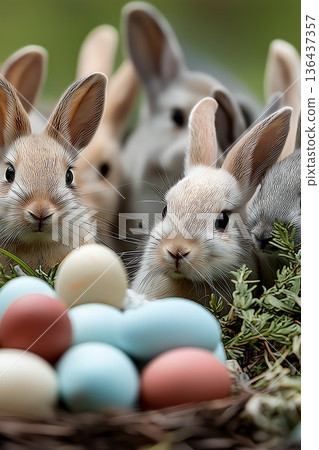Cute baby bunnies gathering around pastel Easter eggs. Baby bunnies peeking from behind a nest filled with colorful Easter eggs, celebrating spring 136437357