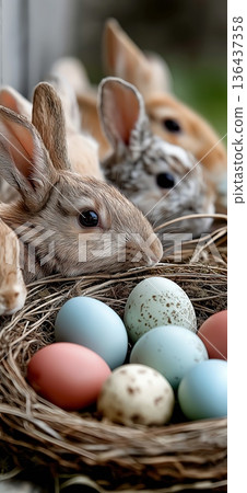 Cute baby bunnies gathering around pastel Easter eggs. Baby bunnies peeking from behind a nest filled with colorful Easter eggs, celebrating spring 136437358