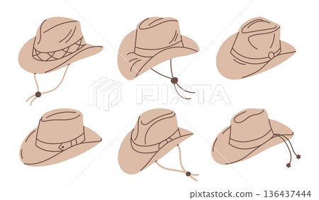Collection of hand drawn cowboy and safari hats. Straw hats set. Headwear with brim in country, farmer, beach, cowboy style. Graphic illustration. 136437444