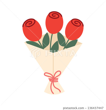 Simple bouquet of red roses with a bow. Elegant floral illustration for Mother's Day, spring cards, wedding invitations. Simple bouquet of red roses with a bow. Elegant floral illustration for Mother's Day, spring cards, wedding invitations. 136437447