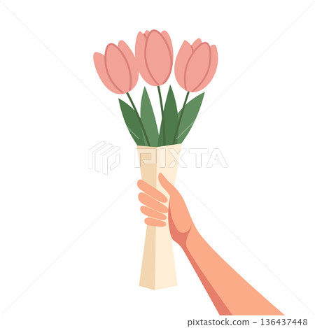Hand Holding a bouquet of pink tulips with a bow. Elegant floral illustration for Mother's Day, spring cards, wedding invitations. Hand Holding a bouquet of pink tulips with a bow. Elegant floral illustration for Mother's Day, spring cards, wedding invitations. 136437448