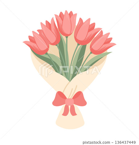 Charming bouquet of pink tulips with a bow. Elegant floral illustration for Mother's Day, spring cards, wedding invitations. Charming bouquet of pink tulips with a bow. Elegant floral illustration for Mother's Day, spring cards, wedding invitations. 136437449