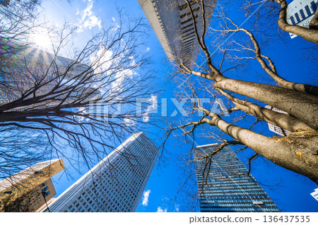 日本東京城市景觀：日本經濟的陰霾…俯瞰新宿副中心摩天大樓。一線希望…= 2026年2月9日 136437535