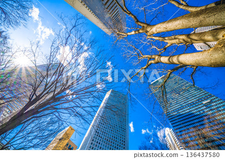 日本東京城市景觀：日本經濟的陰霾…俯瞰新宿的辦公大樓。追尋輝煌 = 2026年2月9日 136437580