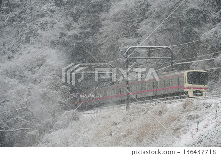 Keio 8000 series train running in the snow Keio 8000 series train running in the snow 136437718