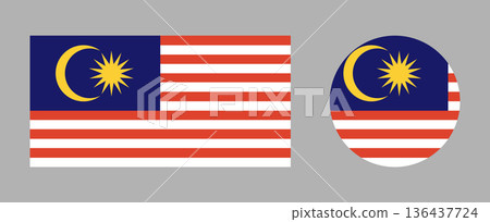 Round, rectangular Malaysia Flag icons. Malaysia Flag circular badges. National symbol. Circle, rectangle Flag of Malaysia buttons set. 136437724