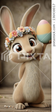 Cute cartoon rabbit holding colorful Easter egg. Cartoon rabbit wearing a flower wreath and smiling, celebrating Easter with a decorated egg 136438017