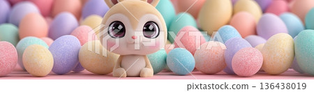 Cute Easter bunny surrounded by pastel eggs wallpaper. Cute kawaii bunny sitting among colorful frosted Easter eggs with big eyes Cute Easter bunny surrounded by pastel eggs wallpaper. Cute kawaii bunny sitting among colorful frosted Easter eggs with big eyes 136438019
