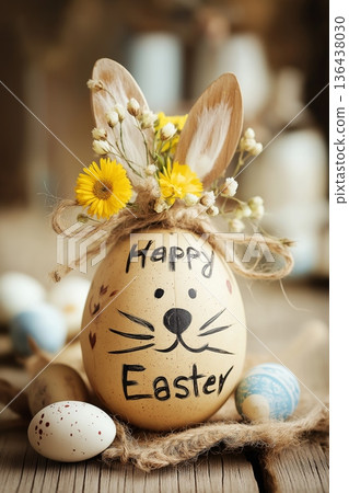 Cute rabbit holding a Happy Easter sign with flowers. Easter greeting card. Young rabbit sitting among yellow flowers with an Easter greeting sign 136438030