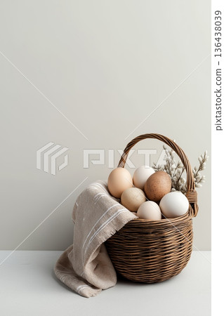 Easter basket with natural eggs and pussy willow. Easter background. Wicker basket holding natural eggs and pussy willow on a neutral background with copy space 136438039