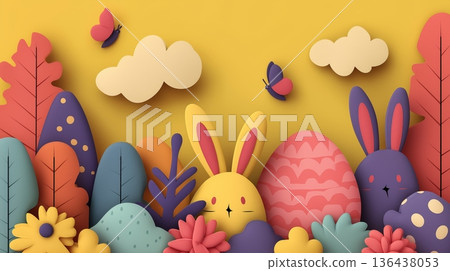 Easter bunny and egg in paper cut spring garden greeting card. Colorful paper cut scene with a white rabbit, striped egg, and flowers celebrating Easter Easter bunny and egg in paper cut spring garden greeting card. Colorful paper cut scene with a white rabbit, striped egg, and flowers celebrating Easter 136438053