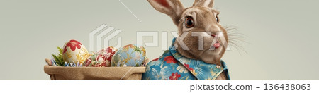 Easter bunny wearing Hawaiian shirt holding eggs basket. Easter wallpaper. Easter bunny wearing colorful Hawaiian shirt holding a basket of patterned Easter eggs Easter bunny wearing Hawaiian shirt holding eggs basket. Easter wallpaper. Easter bunny wearing colorful Hawaiian shirt holding a basket of patterned Easter eggs 136438063