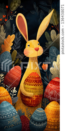 Easter bunny with folk art patterned eggs in nature. Easter poster. Happy rabbit and decorated Easter eggs among stylized plants, celebrating spring 136438071