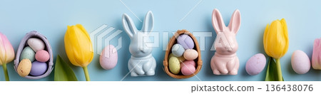 Easter celebration featuring pastel eggs, ceramic bunnies, and spring tulips. Easter eggs, ceramic bunnies, and tulips arranging on a pastel blue background with copy space Easter celebration featuring pastel eggs, ceramic bunnies, and spring tulips. Easter eggs, ceramic bunnies, and tulips arranging on a pastel blue background with copy space 136438076