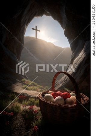 Easter eggs in front of empty tomb seeing cross. Easter wallpaper. Woven basket with Easter eggs inside a cave looking out at a cross and rising sun 136438100