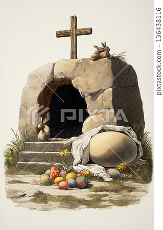 Empty tomb with cross and easter bunnies celebrating resurrection. Easter greeting card. Empty cave, stone rolled away, with cross, bunnies and colorful Easter eggs 136438116