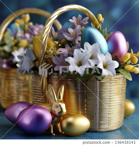 Festive golden Easter baskets displaying colorful eggs and blooms background. Baskets filled with spring flowers and golden eggs symbolizing Easter celebration 136438141