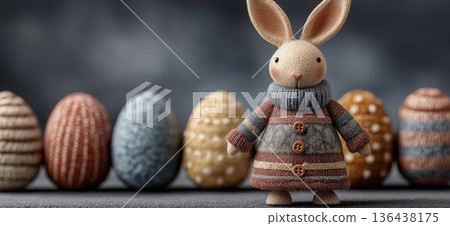 Knitted Easter bunny toy sitting among eggs greeting card. Knitted Easter bunny toy celebrating spring holiday with colorful background eggs Knitted Easter bunny toy sitting among eggs greeting card. Knitted Easter bunny toy celebrating spring holiday with colorful background eggs 136438175
