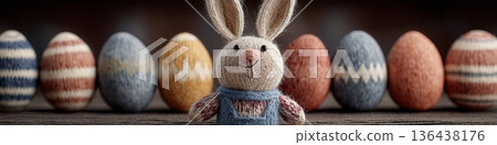Knitted Easter bunny toy sitting among eggs greeting card. Knitted Easter bunny toy celebrating spring holiday with colorful background eggs 136438176