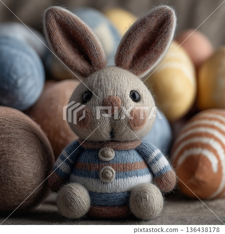 Knitted Easter bunny toy sitting among eggs greeting card. Knitted Easter bunny toy celebrating spring holiday with colorful background eggs Knitted Easter bunny toy sitting among eggs greeting card. Knitted Easter bunny toy celebrating spring holiday with colorful background eggs 136438178