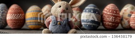Knitted Easter bunny toy sitting among eggs greeting card. Knitted Easter bunny toy celebrating spring holiday with colorful background eggs Knitted Easter bunny toy sitting among eggs greeting card. Knitted Easter bunny toy celebrating spring holiday with colorful background eggs 136438179