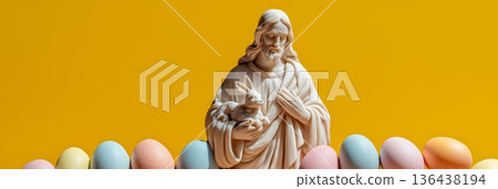 Man dressed as Easter bunny with colorful eggs. Man in bunny ears looking directly at camera, surrounded by pastel Easter eggs Man dressed as Easter bunny with colorful eggs. Man in bunny ears looking directly at camera, surrounded by pastel Easter eggs 136438194