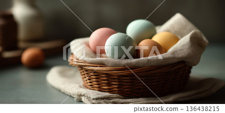 Pastel easter eggs filling wicker basket with linen cloth. Pastel colored eggs fill a woven wicker basket on a beige linen cloth banner Pastel easter eggs filling wicker basket with linen cloth. Pastel colored eggs fill a woven wicker basket on a beige linen cloth banner 136438215