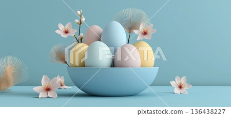 Pastel Easter eggs with spring flowers, minimalistic concept. Pastel Easter eggs in a minimalist bowl with delicate spring flowers on a blue background Pastel Easter eggs with spring flowers, minimalistic concept. Pastel Easter eggs in a minimalist bowl with delicate spring flowers on a blue background 136438227