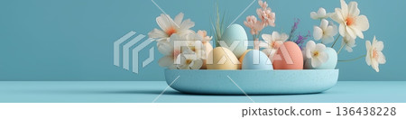 Pastel Easter eggs with spring flowers, minimalistic concept. Pastel Easter eggs in a minimalist bowl with delicate spring flowers on a blue background 136438228