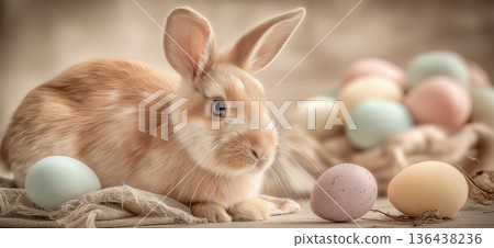 Rabbit resting among Easter eggs and detox products banner. Rabbit observing pastel Easter eggs and natural wellness bottles with a spa towel Rabbit resting among Easter eggs and detox products banner. Rabbit observing pastel Easter eggs and natural wellness bottles with a spa towel 136438236