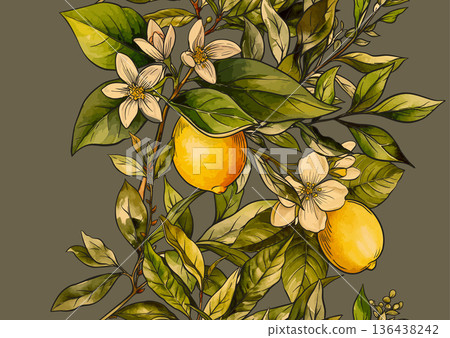 Lemons and tea botanical seamless pattern 136438242