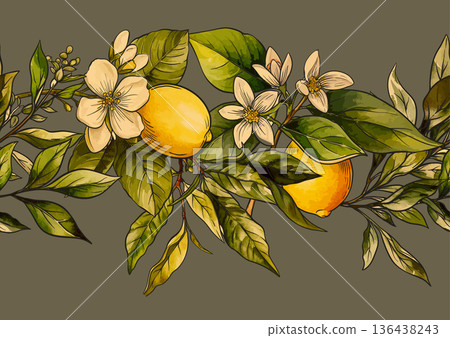 Lemons and tea botanical seamless pattern Lemons and tea botanical seamless pattern 136438243