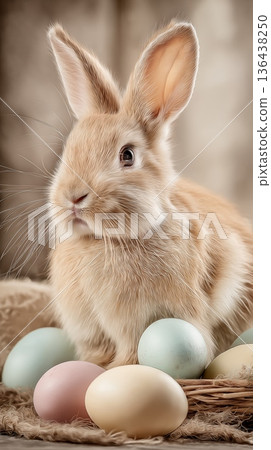 Rabbit resting among Easter eggs and detox products banner. Rabbit observing pastel Easter eggs and natural wellness bottles with a spa towel 136438250