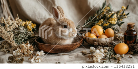 Rabbit resting among Easter eggs and detox products banner. Rabbit observing pastel Easter eggs and natural wellness bottles with a spa towel 136438251