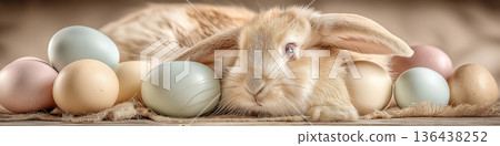 Rabbit resting among Easter eggs and detox products banner. Rabbit observing pastel Easter eggs and natural wellness bottles with a spa towel 136438252