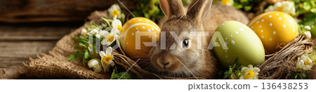 Rabbit resting among Easter eggs and detox products banner. Rabbit observing pastel Easter eggs and natural wellness bottles with a spa towel Rabbit resting among Easter eggs and detox products banner. Rabbit observing pastel Easter eggs and natural wellness bottles with a spa towel 136438253