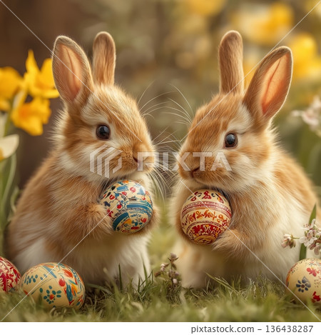 Two cute bunnies holding decorated Easter eggs. Bunnies holding colorful pysanky eggs in spring grass, celebrating Easter holiday Two cute bunnies holding decorated Easter eggs. Bunnies holding colorful pysanky eggs in spring grass, celebrating Easter holiday 136438287