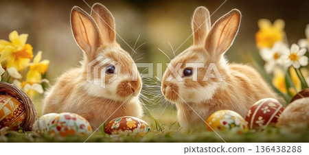 Two cute bunnies holding decorated Easter eggs. Bunnies holding colorful pysanky eggs in spring grass, celebrating Easter holiday 136438288