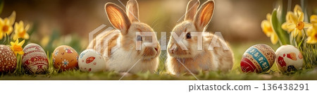 Two cute bunnies holding decorated Easter eggs. Bunnies holding colorful pysanky eggs in spring grass, celebrating Easter holiday 136438291