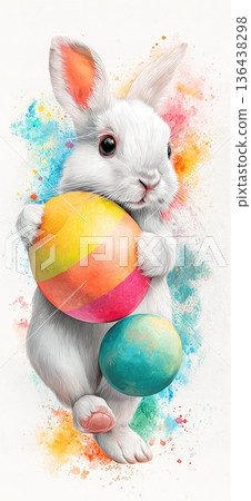 White rabbit holding colorful Easter egg, watercolor splash background. White rabbit holding a brightly striped Easter egg against a vibrant watercolor splash background White rabbit holding colorful Easter egg, watercolor splash background. White rabbit holding a brightly striped Easter egg against a vibrant watercolor splash background 136438298