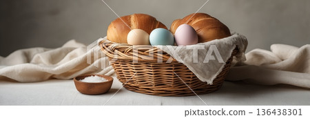 Wicker basket holding Easter food, colored eggs, bread, and salt. Easter wallpaper. Wicker basket holding pastel colored Easter eggs, bread, and salt on a simple background Wicker basket holding Easter food, colored eggs, bread, and salt. Easter wallpaper. Wicker basket holding pastel colored Easter eggs, bread, and salt on a simple background 136438301